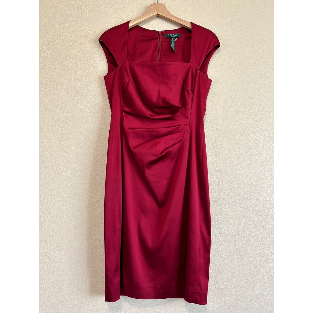 LRL Ralph Lauren Size 8 Dress Red Satin Ruched Sheath Cocktail Cap Square Classy